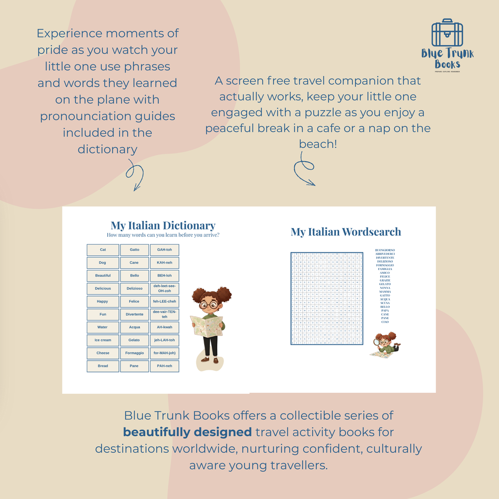 Personalized Italian wordsearch and vocabulary activities featuring child's custom avatar