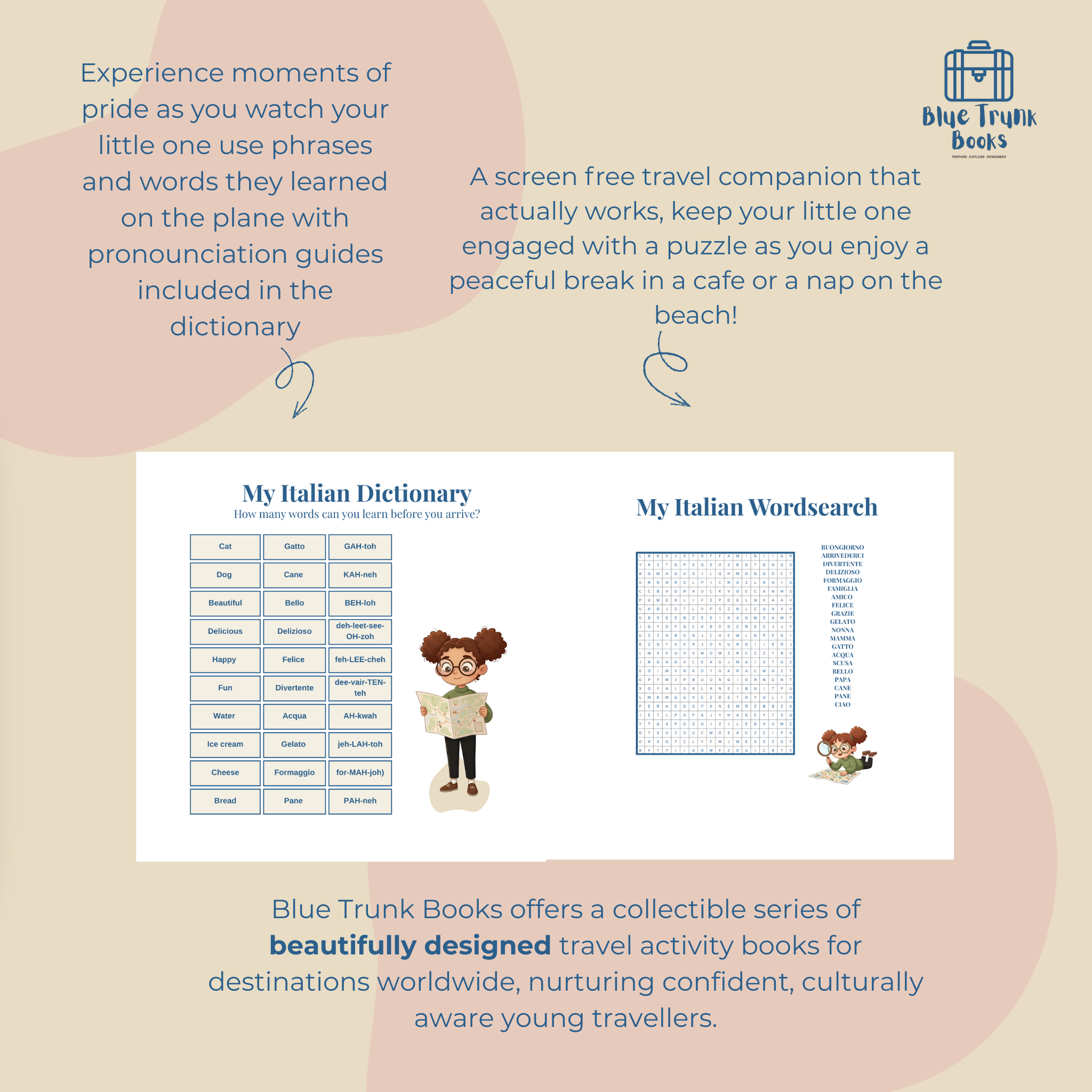 Personalized Italian wordsearch and vocabulary activities featuring child's custom avatar