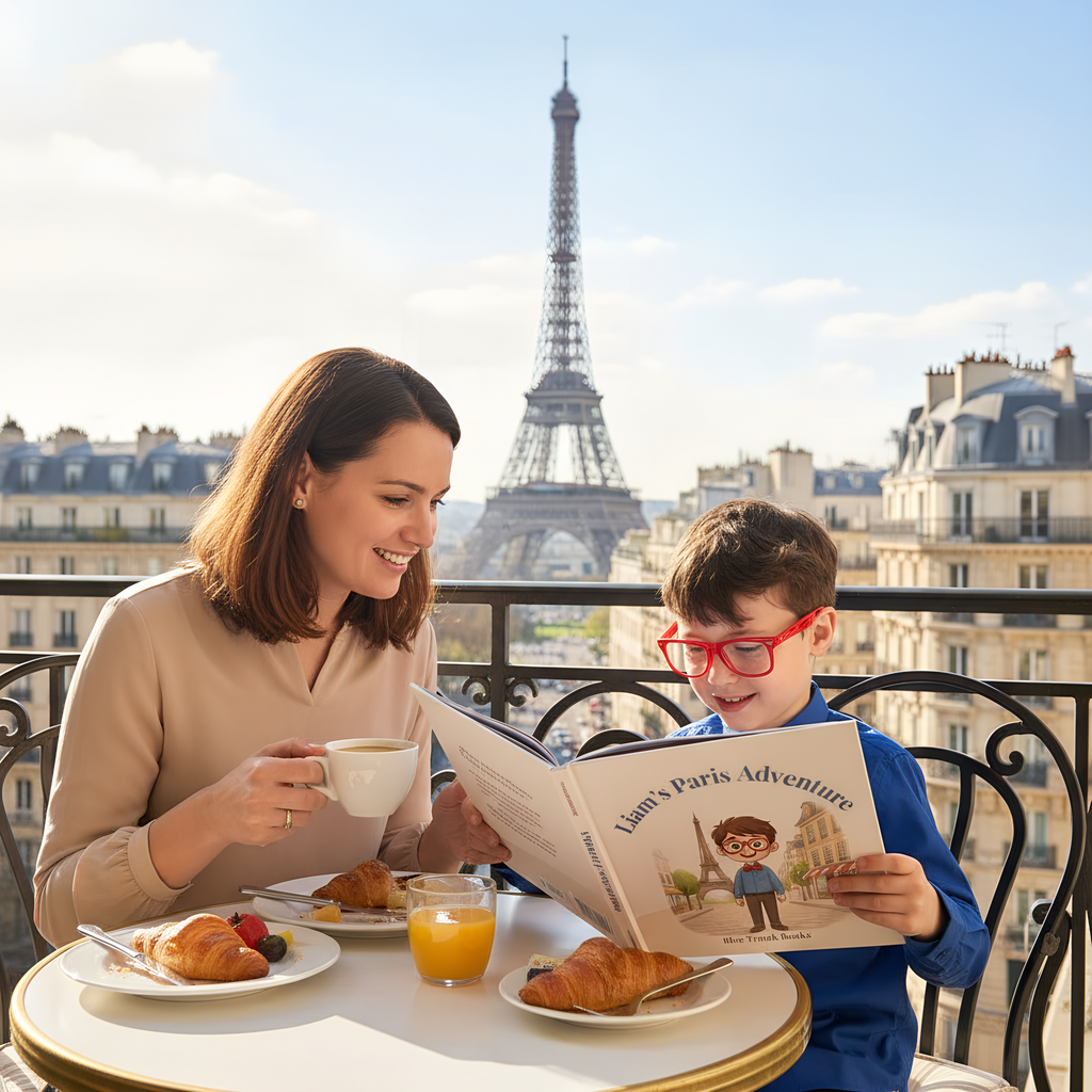 Mother and child reading “Liam’s Paris Adventure” during breakfast with the Eiffel Tower in the background.