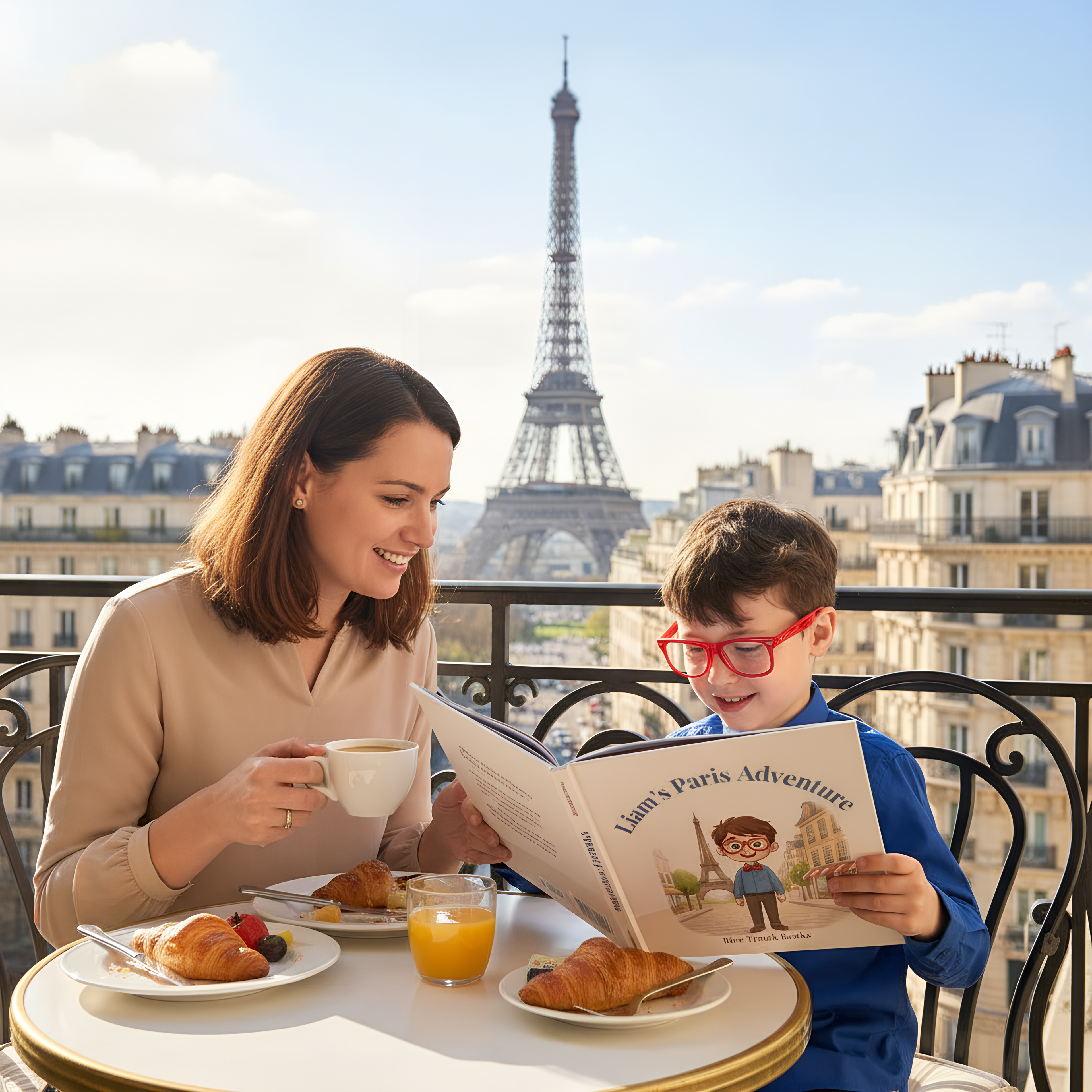 Mother and child reading “Liam’s Paris Adventure” during breakfast with the Eiffel Tower in the background.