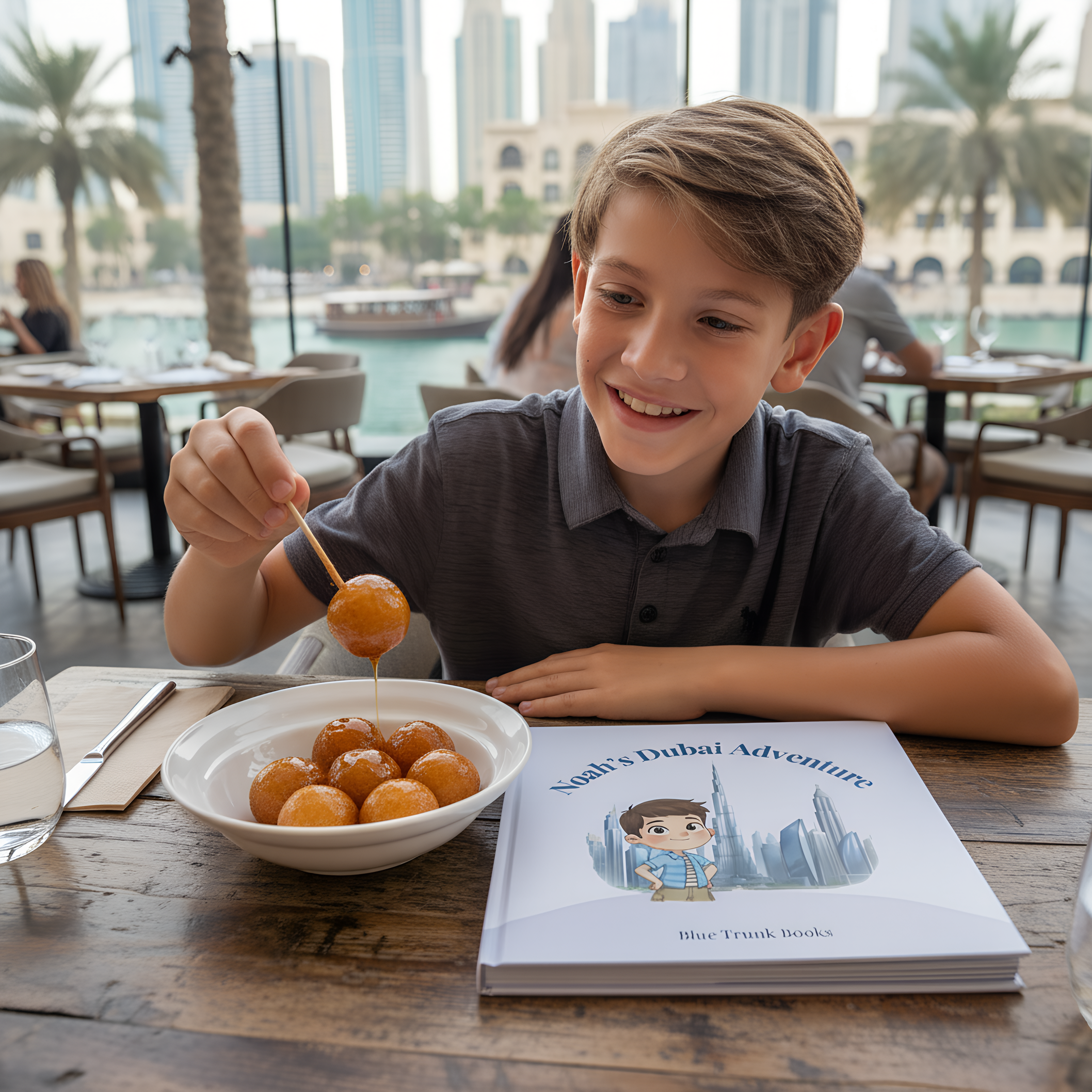 Child enjoying a luquaimat at a café with “Noah’s Dubai Adventure” book on the table.