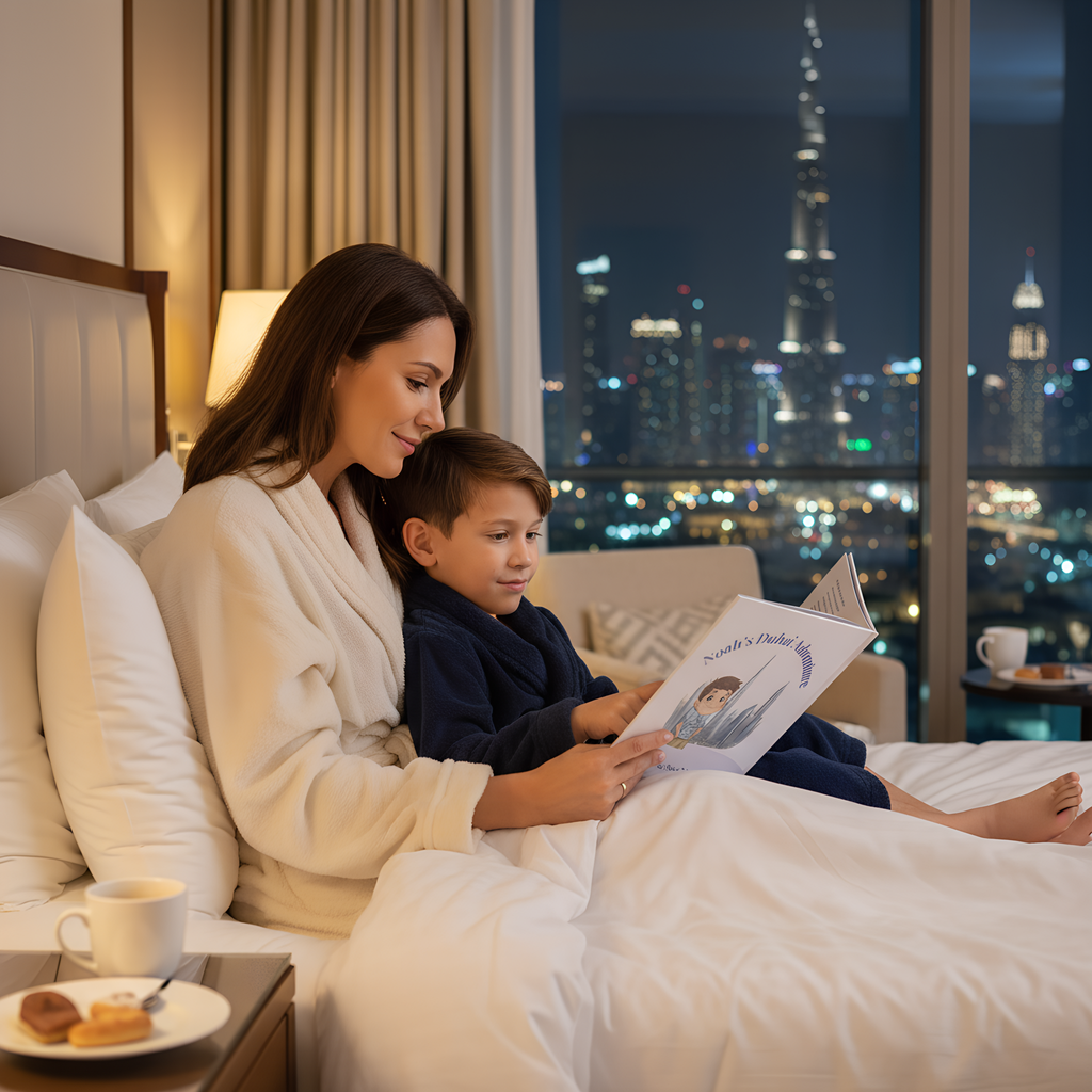 Mother and child reading a personalized Dubai travel book together in a hotel room.
