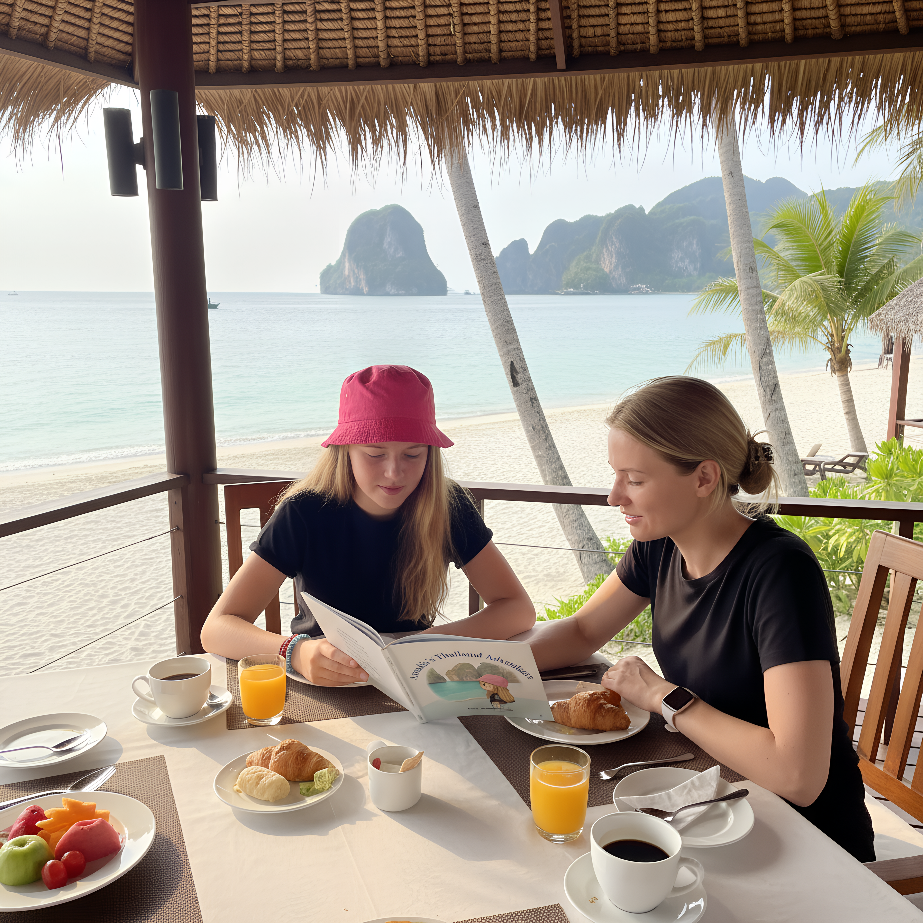 Two girls reading a personalized travel adventure book during breakfast by the beach on a family vacation.